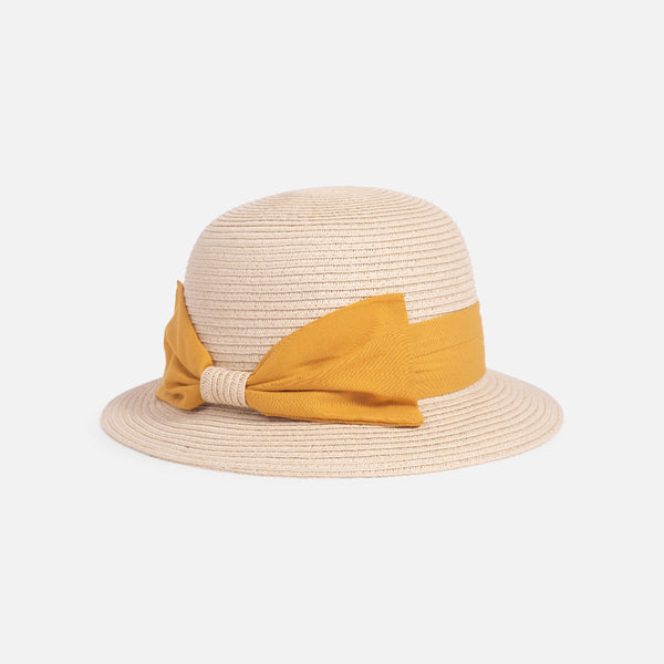 Charger l&#39;image dans la galerie, Chapeau cloche beige en paille ajustable avec ruban de tissu jaune
