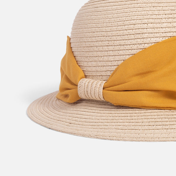 Charger l&#39;image dans la galerie, Chapeau cloche beige en paille ajustable avec ruban de tissu jaune
