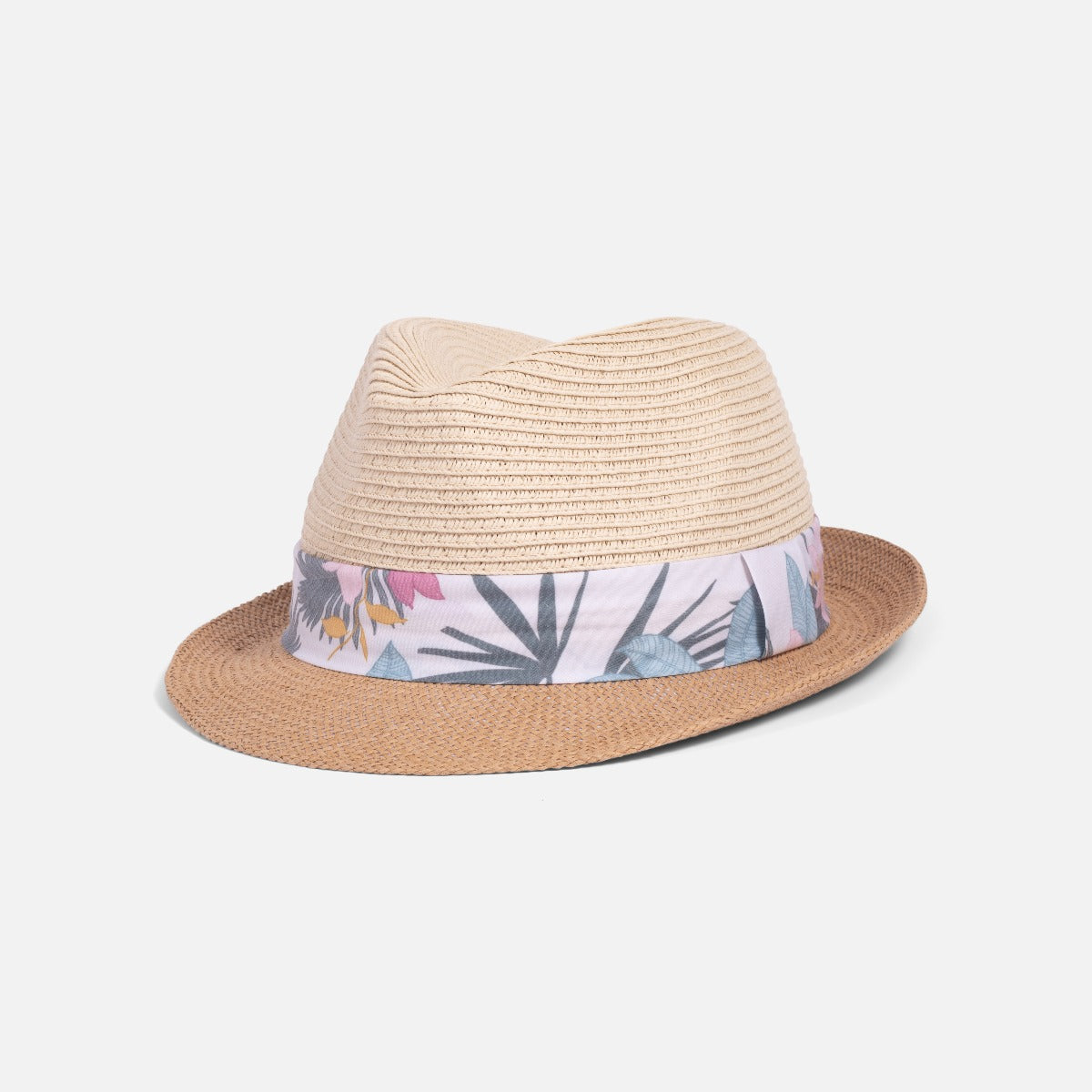 Chapeau fédora en paille deux tons avec ruban imprimé fleurs tropicales
