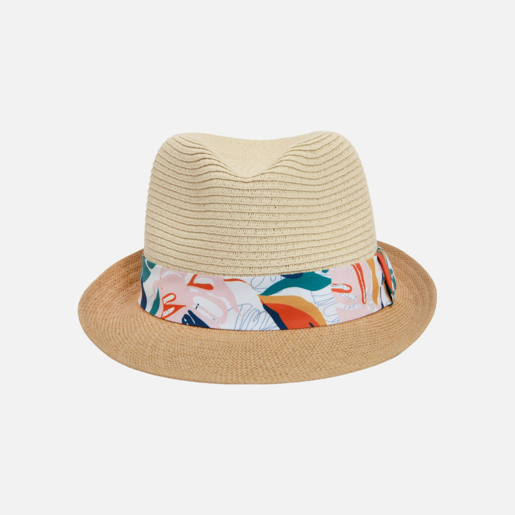 Fedora two-tone straw hat with ribbon and colored tropical flowers print