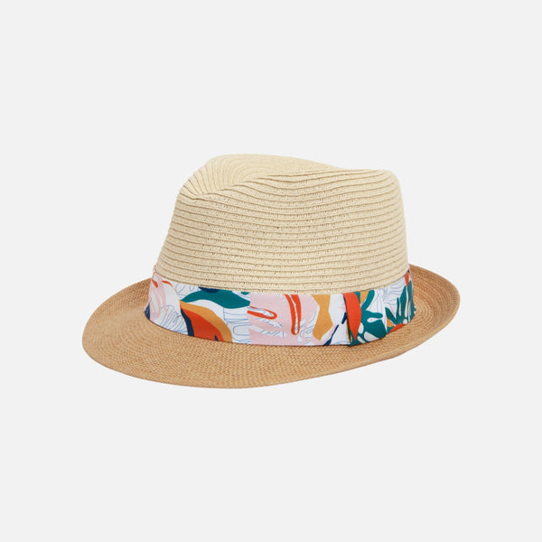 Load image into Gallery viewer, Fedora two-tone straw hat with ribbon and colored tropical flowers print

