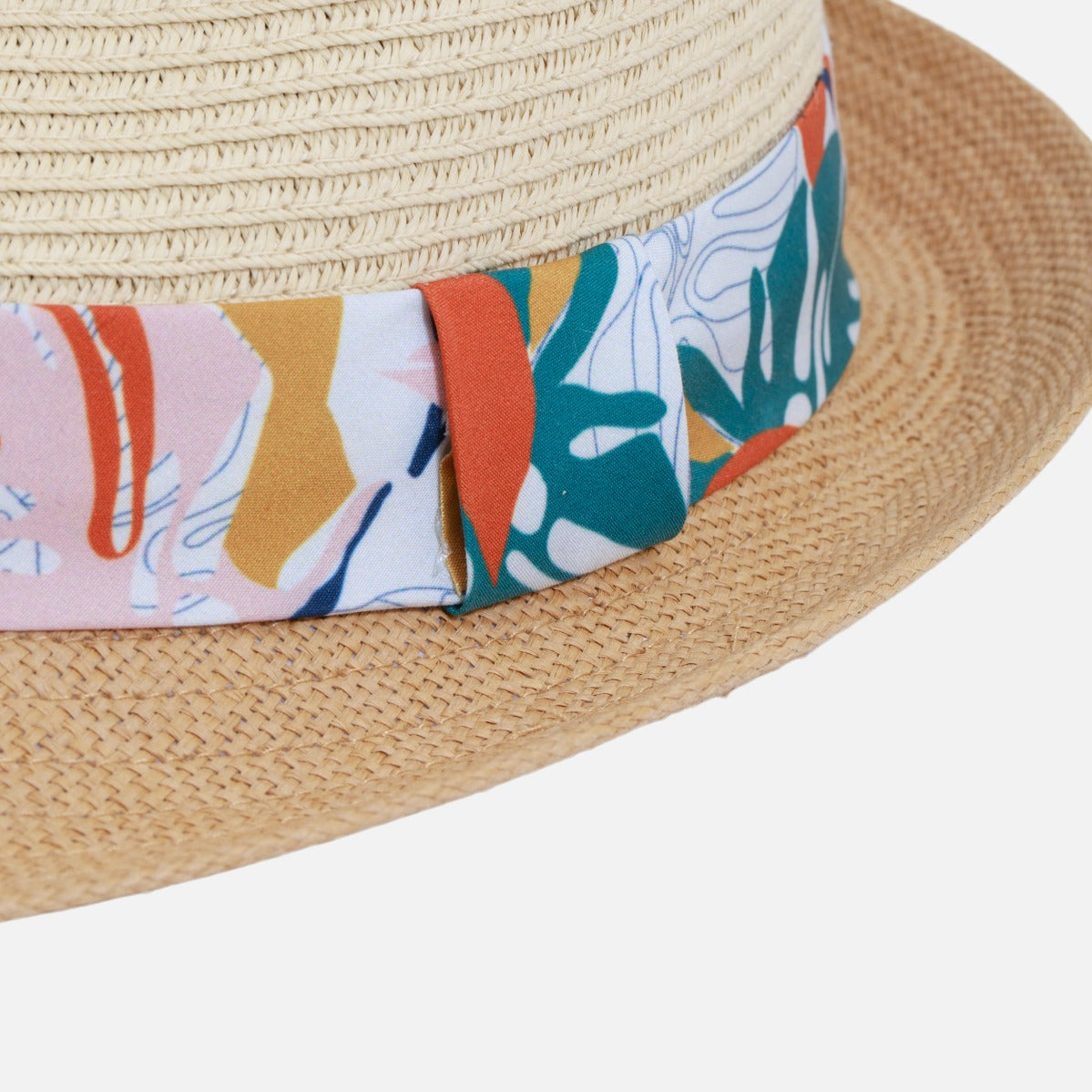 Fedora two-tone straw hat with ribbon and colored tropical flowers print