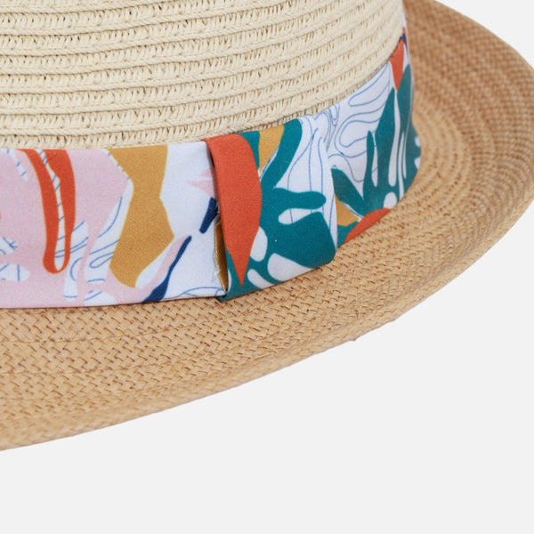 Load image into Gallery viewer, Fedora two-tone straw hat with ribbon and colored tropical flowers print
