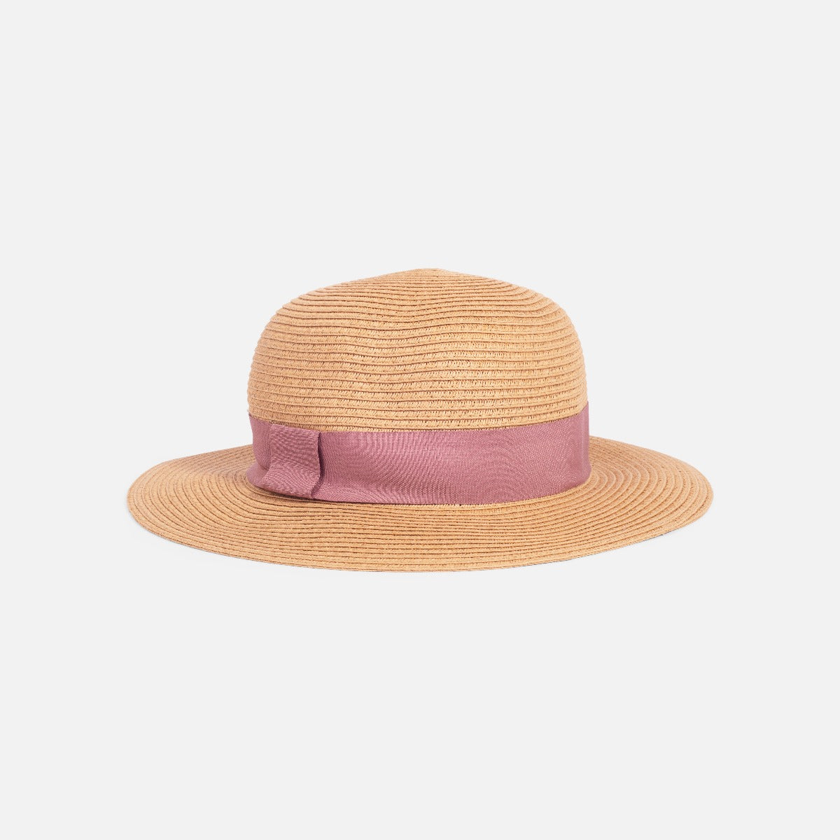 Cloche straw hat with pink ribbon