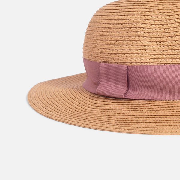 Load image into Gallery viewer, Cloche straw hat with pink ribbon
