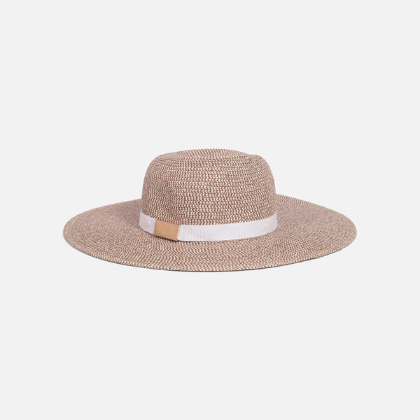 Load image into Gallery viewer, Beige floppy straw hat with glittering lurex buckle and white ribbon
