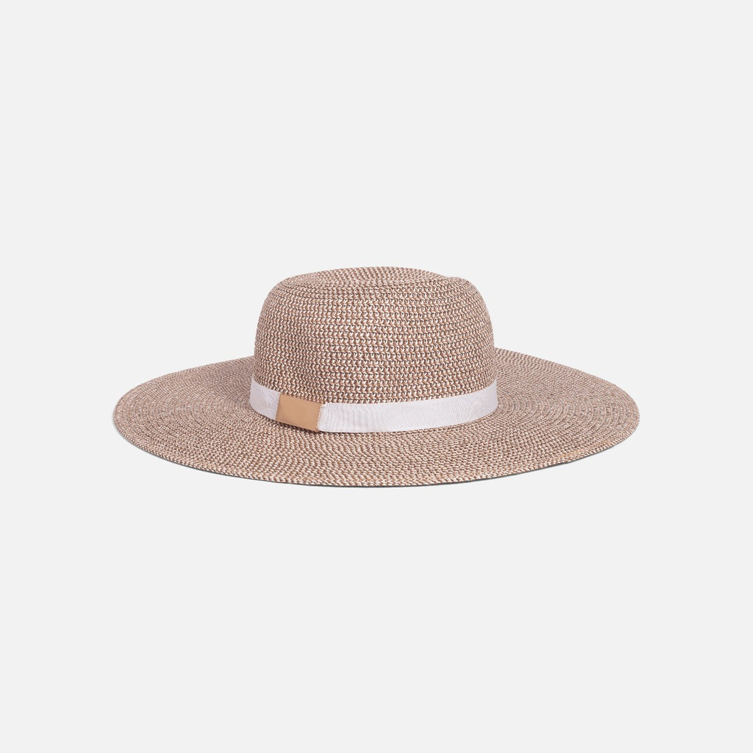 Beige floppy straw hat with glittering lurex buckle and white ribbon