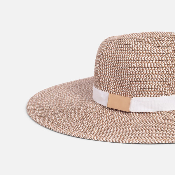 Load image into Gallery viewer, Beige floppy straw hat with glittering lurex buckle and white ribbon
