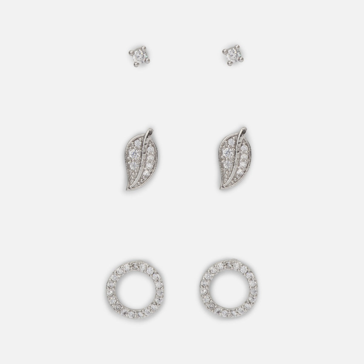 Set of earrings in leaf, circle and square shapes with cubic zirconia stones