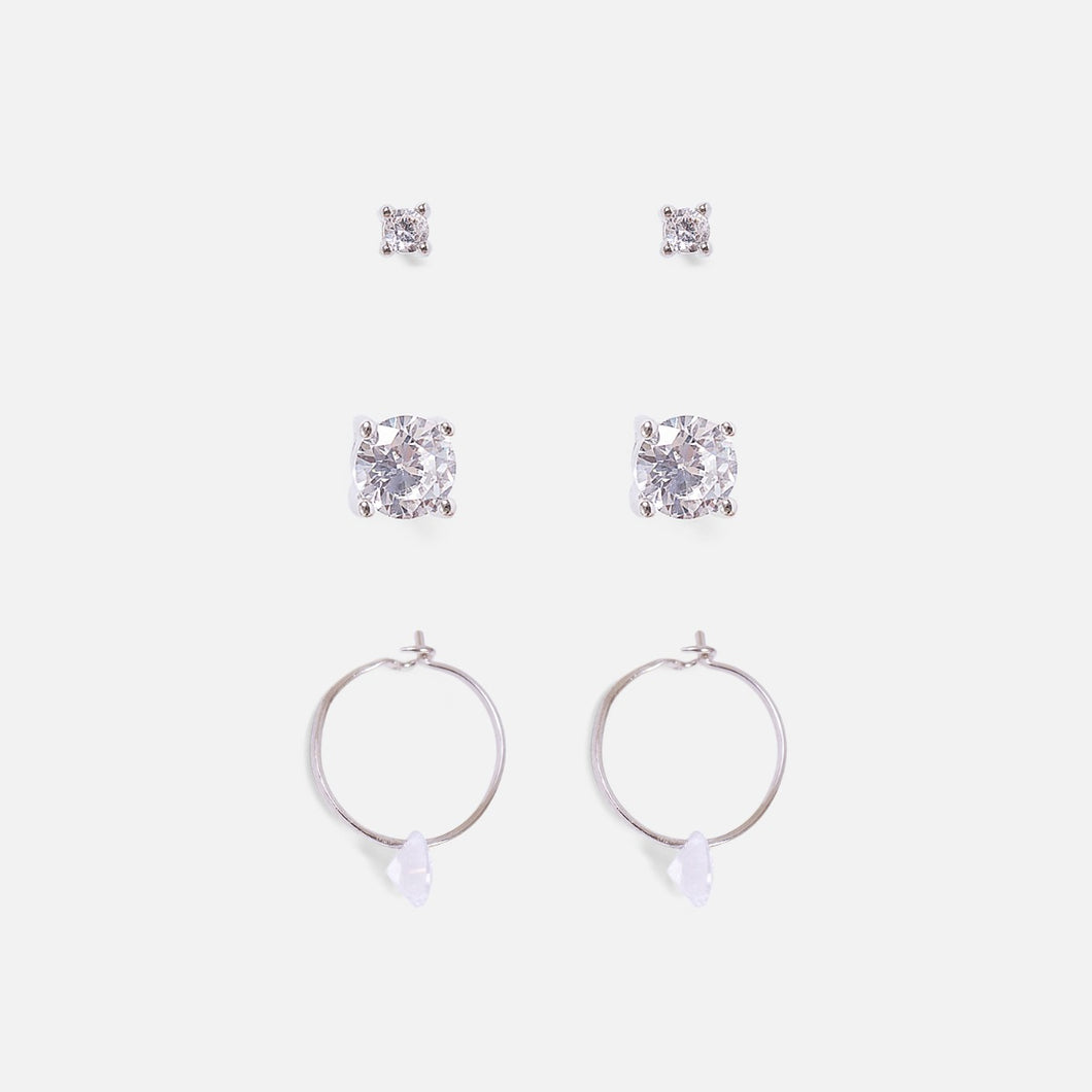 Trio of fixed silver earrings and hoops
