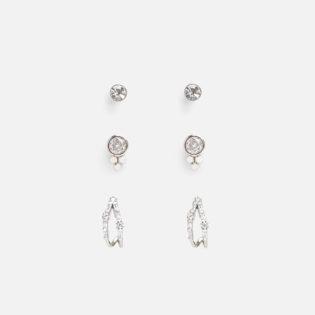 Trio de boucles d’oreilles argentées étoiles et anneaux