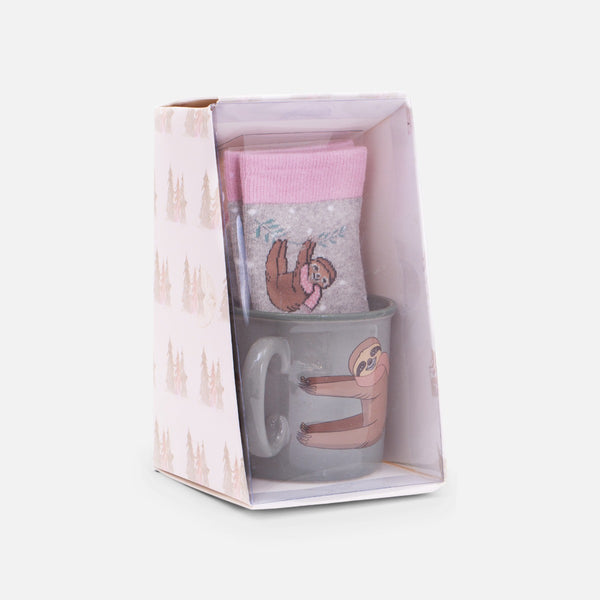Load image into Gallery viewer, Grey and mint socks and mug duo with sloth
