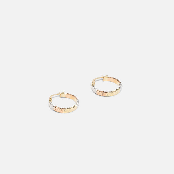 Load image into Gallery viewer, 10k yellow gold three tones textured hoop earrings
