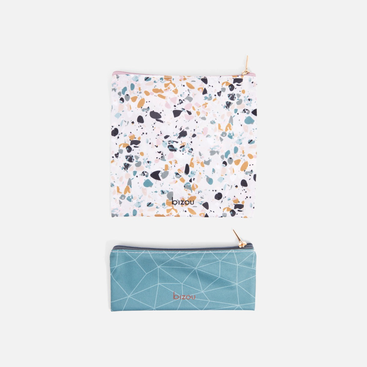 Blue duo of reusable nylon snack bags with terrazzo effect