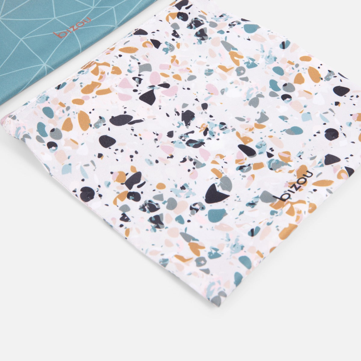 Blue duo of reusable nylon snack bags with terrazzo effect