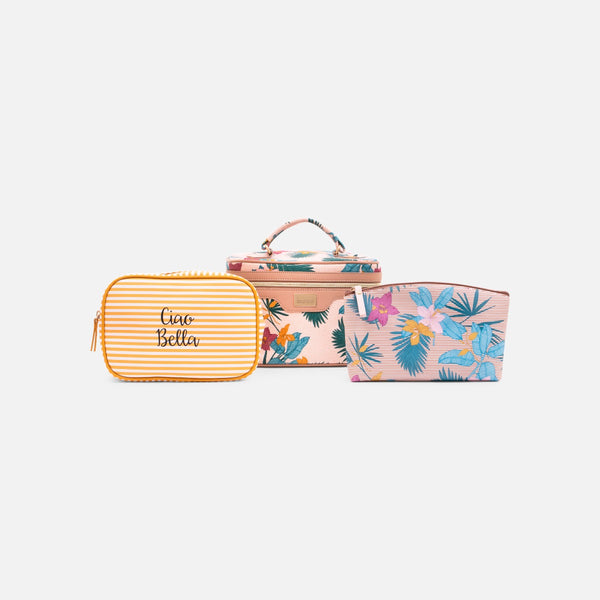 Load image into Gallery viewer, Beige 3 in 1 cosmetic pouch with colorful tropical print
