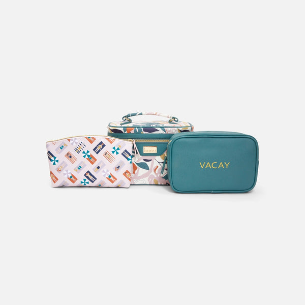Load image into Gallery viewer, Organizer set of 3 green cosmetic bags with prints
