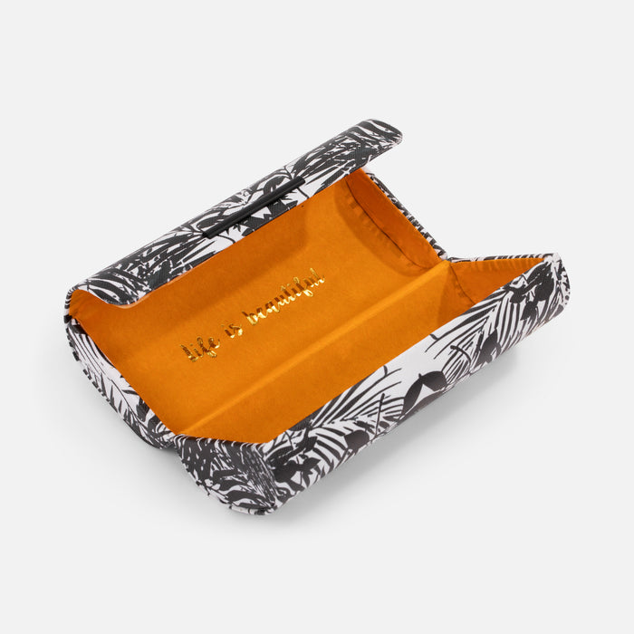 Boîtier à lunettes imprimé feuilles tropicales noires et blanches