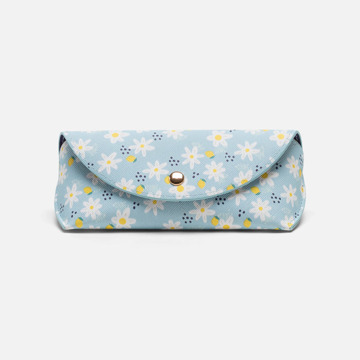 Étui à lunettes soleil bleu avec marguerites