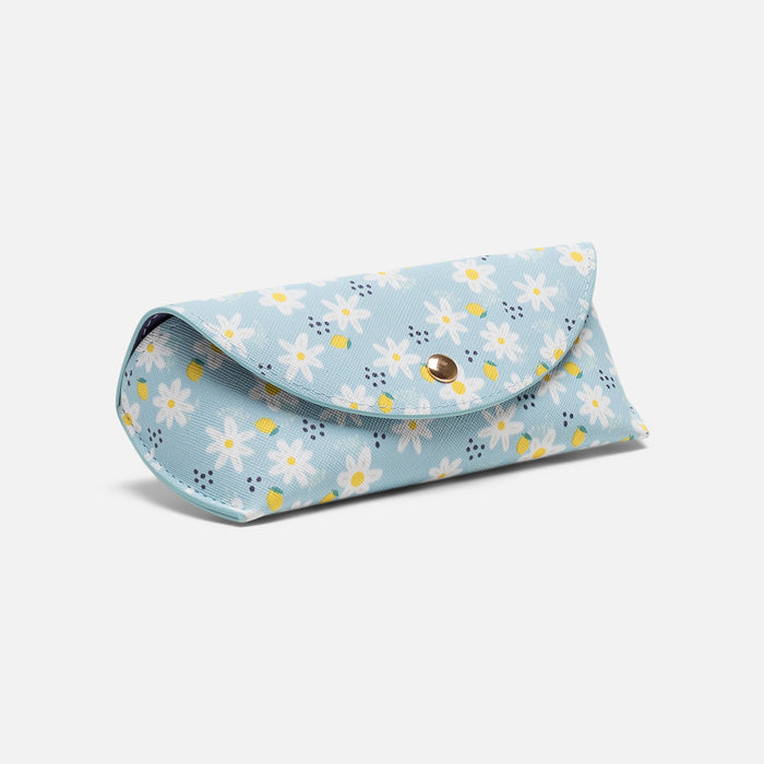 Étui à lunettes soleil bleu avec marguerites