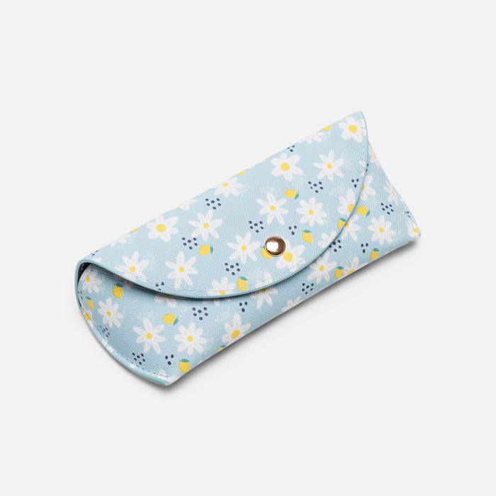 Étui à lunettes soleil bleu avec marguerites