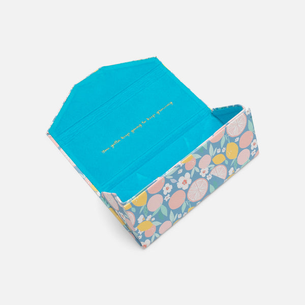 Load image into Gallery viewer, Blue folding glasses case with citrus fruits
