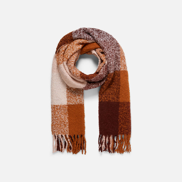 Load image into Gallery viewer, Cozy pink and rust checkered scarf with terry fringe finish
