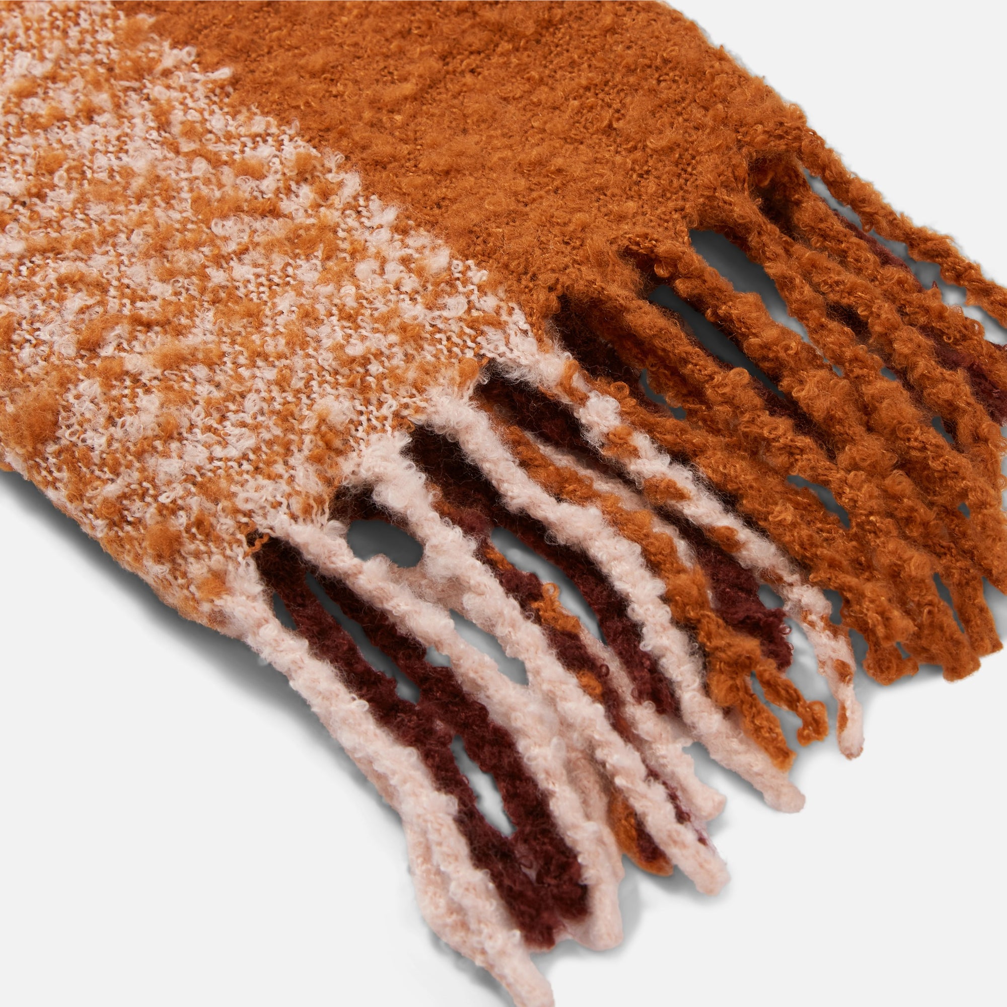 Cozy pink and rust checkered scarf with terry fringe finish