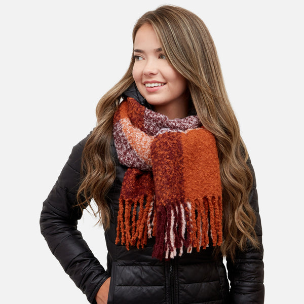 Load image into Gallery viewer, Cozy pink and rust checkered scarf with terry fringe finish
