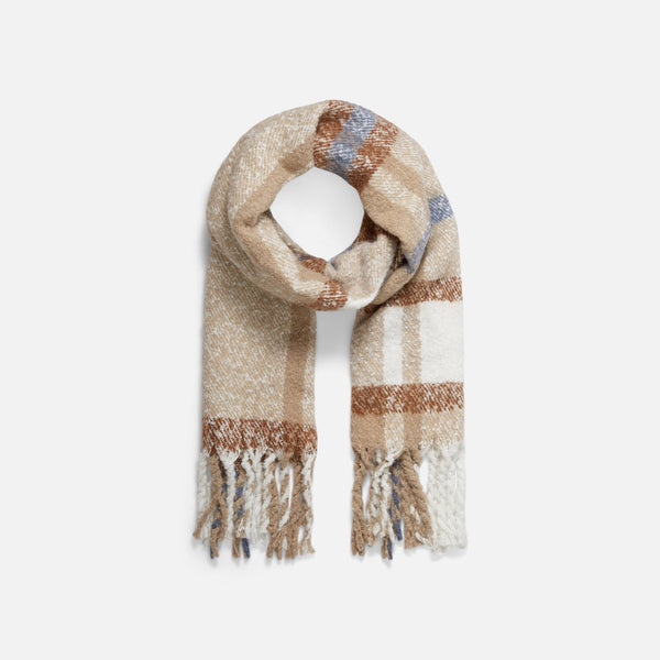Load image into Gallery viewer, Cozy white and beige scarf with blue accents
