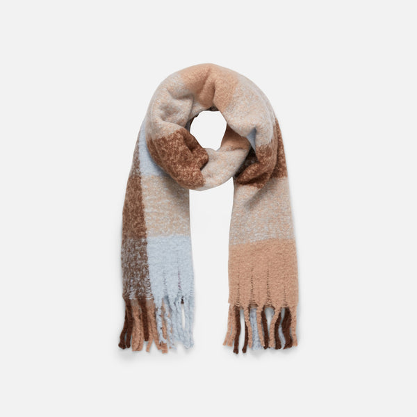 Load image into Gallery viewer, Cozy brown and light blue large checkered scarf with terry fringe finish
