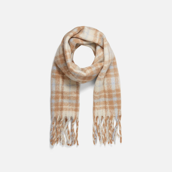 Load image into Gallery viewer, Cozy beige and blue plaid scarf
