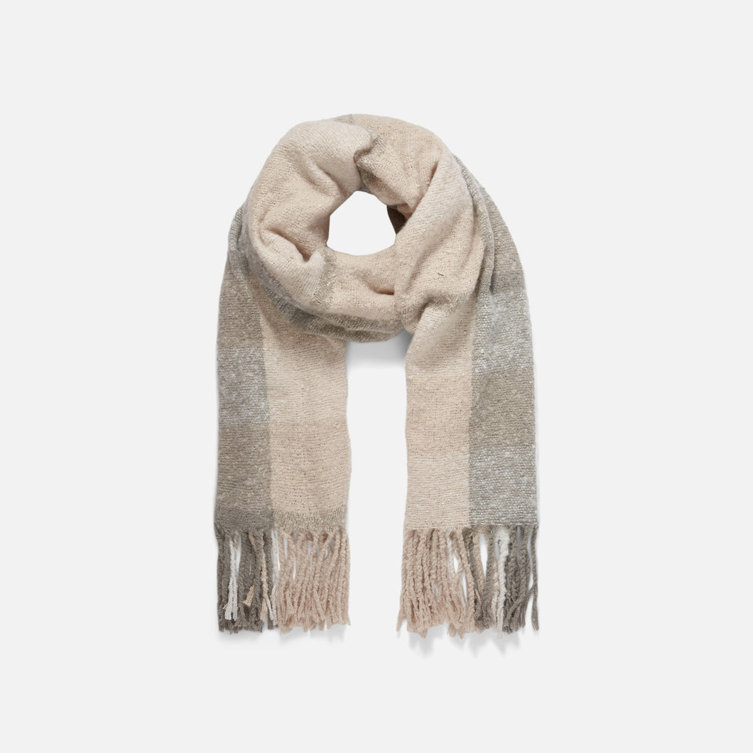 Cozy beige scarf with plaid pattern