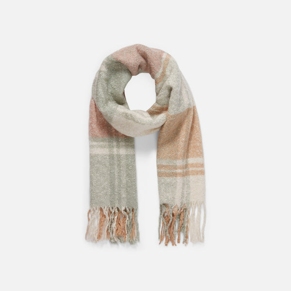 Load image into Gallery viewer, Cozy sage, pink and beige scarf with terry fringe finish
