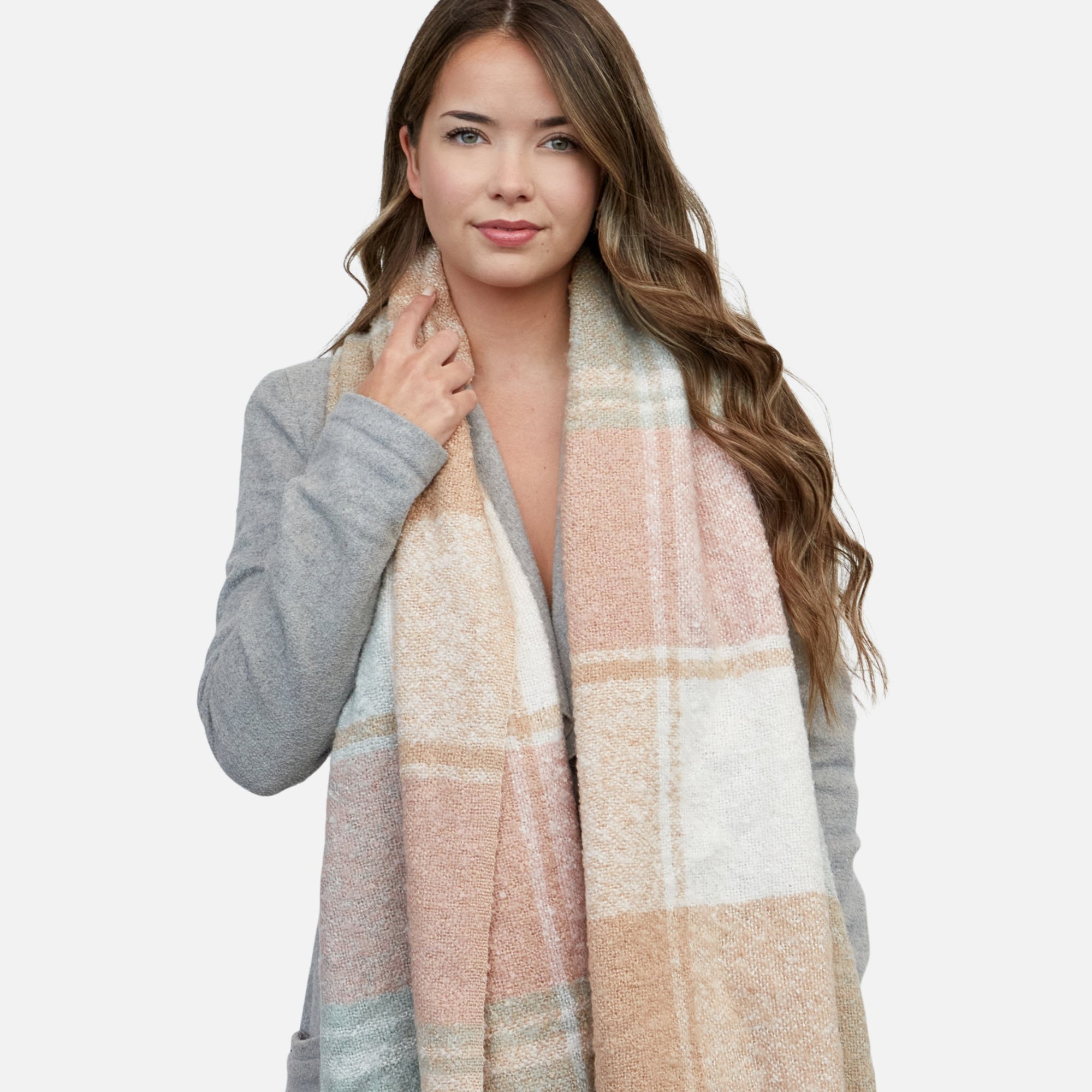 Cozy sage, pink and beige scarf with terry fringe finish