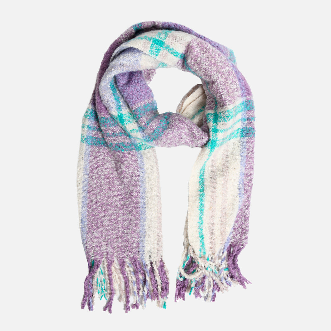Purple and white scarf with blue stripes