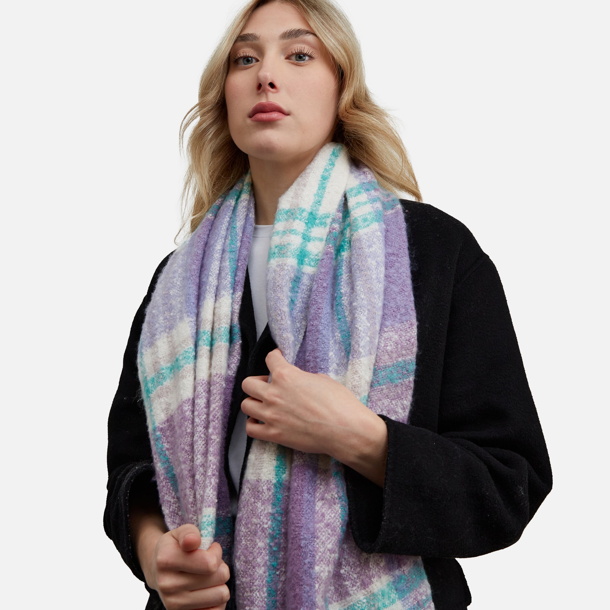 Purple and white scarf with blue stripes
