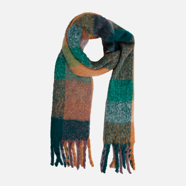 Load image into Gallery viewer, Brown and blue plaid scarf
