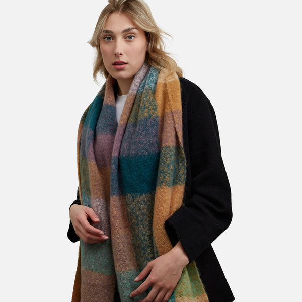Load image into Gallery viewer, Brown and blue plaid scarf
