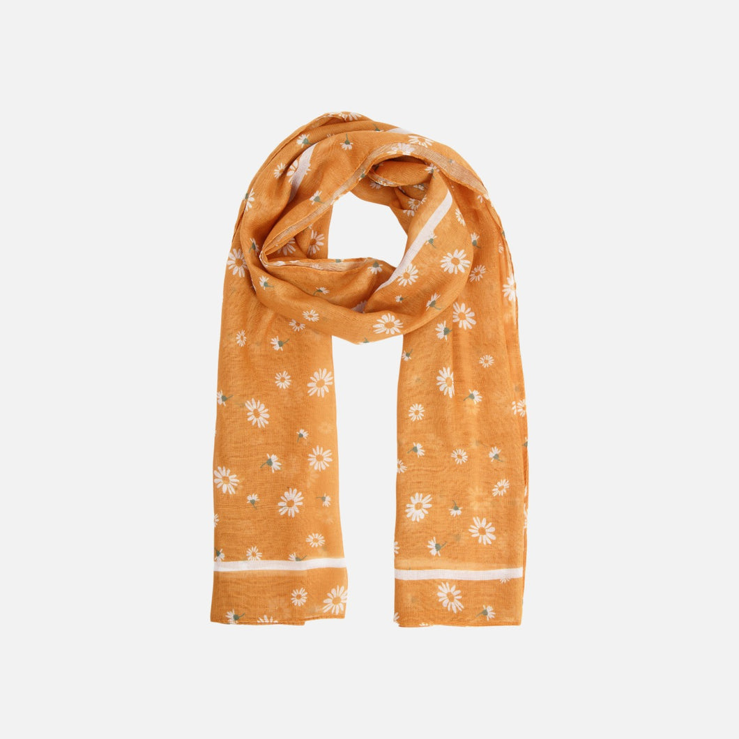 Ocher rectangular scarf with white daisy flowers print