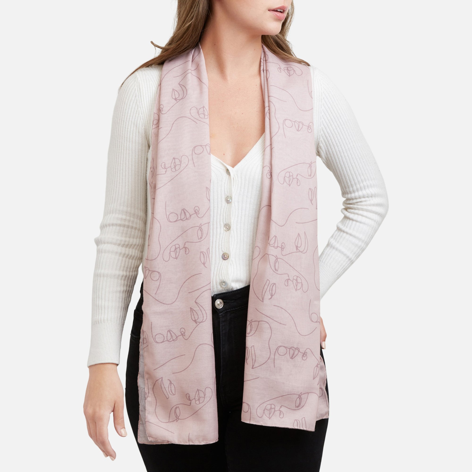Pale pink rectangle scarf with abstract faces