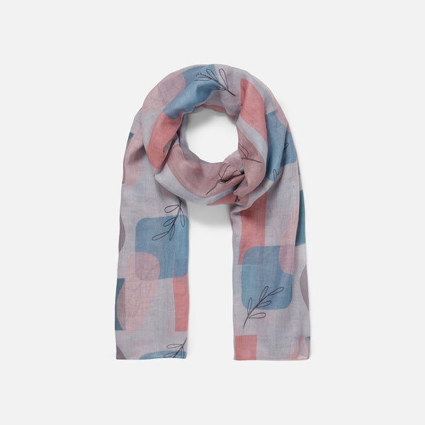 Load image into Gallery viewer, Blue and pink rectangle scarf with abstract patterns and leaves

