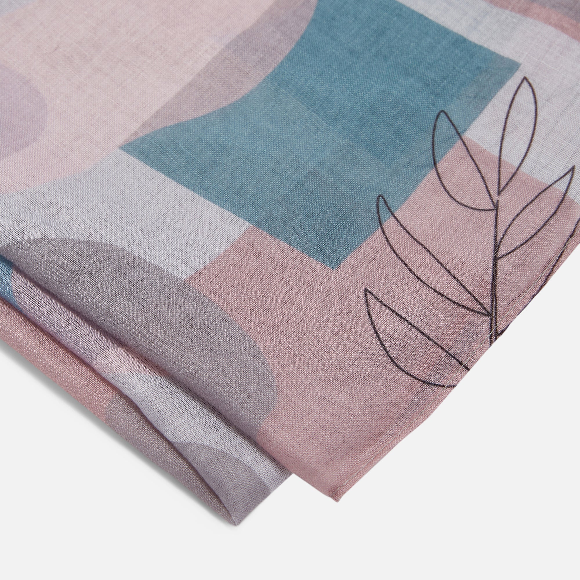 Blue and pink rectangle scarf with abstract patterns and leaves