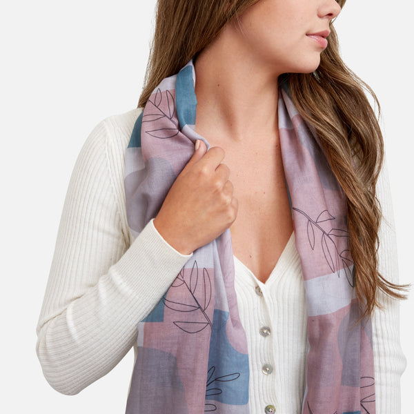 Load image into Gallery viewer, Blue and pink rectangle scarf with abstract patterns and leaves
