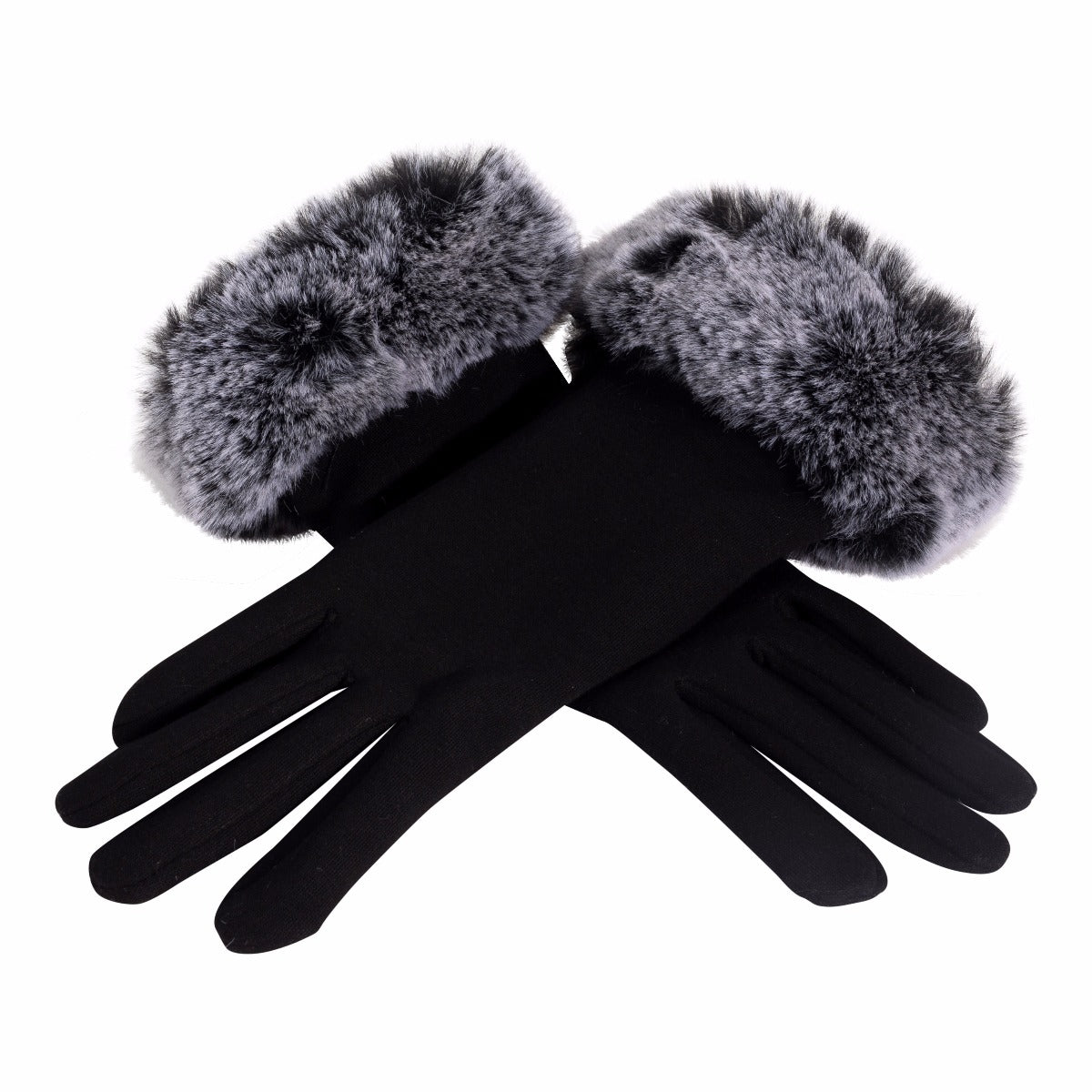Black tactile gloves with grey faux fur