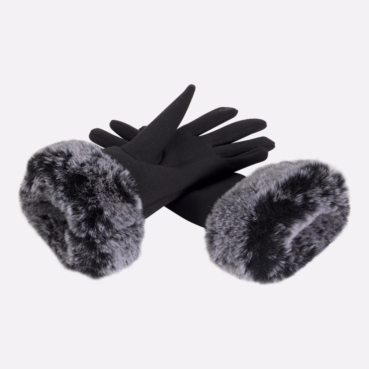Gants tactiles noirs avec fausse fourrure grise