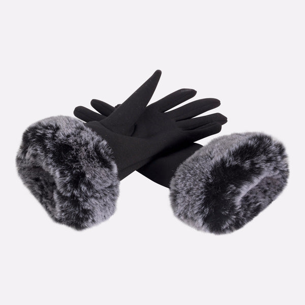 Load image into Gallery viewer, Black tactile gloves with grey faux fur
