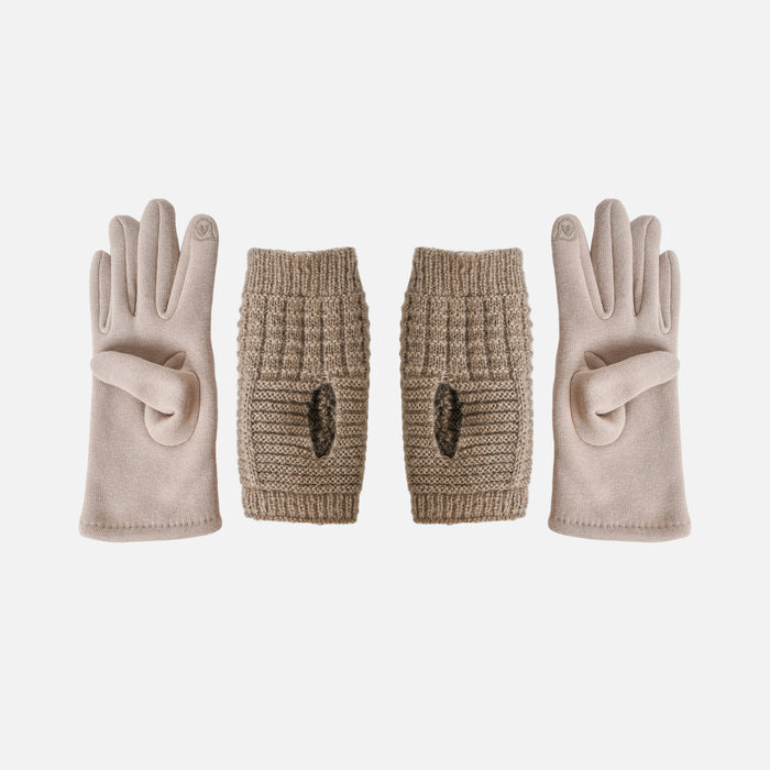 Gants tactiles en tricot beige deux en un