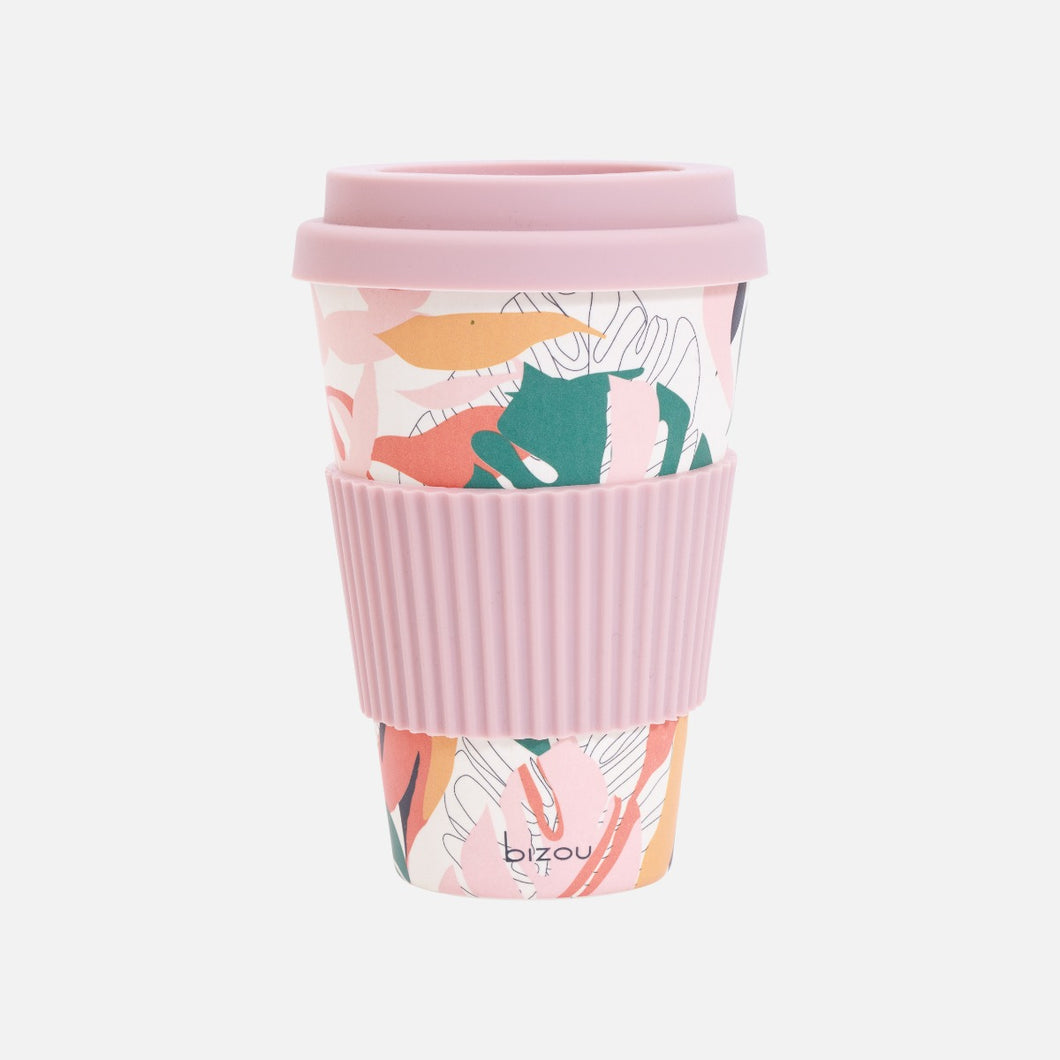 Tasse à café à imprimé feuillage avec manchon et couvercle en silicone rose pâle