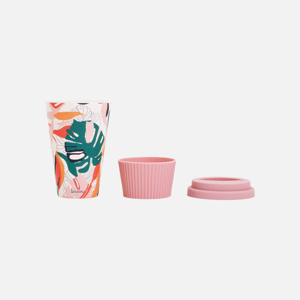 Charger l&#39;image dans la galerie, Tasse à café à imprimé feuillage avec manchon et couvercle en silicone rose pâle
